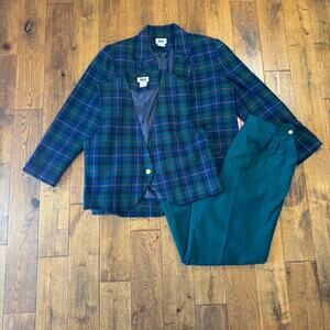Lucia VTG Wmns 3 pc Suit Plaid Blue Green Wool Blend 90s Workwear USA Sz 16/18